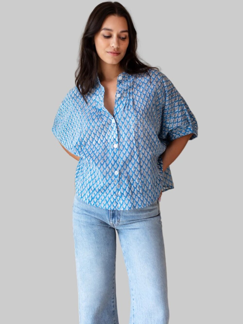 Emerson Fry blue print organic cotton Harlow blouse, one size fits most